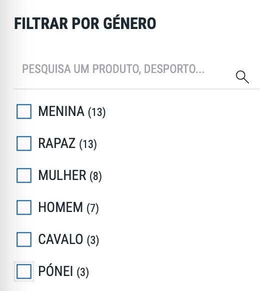 A screenshot of a gender filter on the portuguese Decathlon website. It reads, in portuguese, "girl, boy, woman, man, horse, pony"